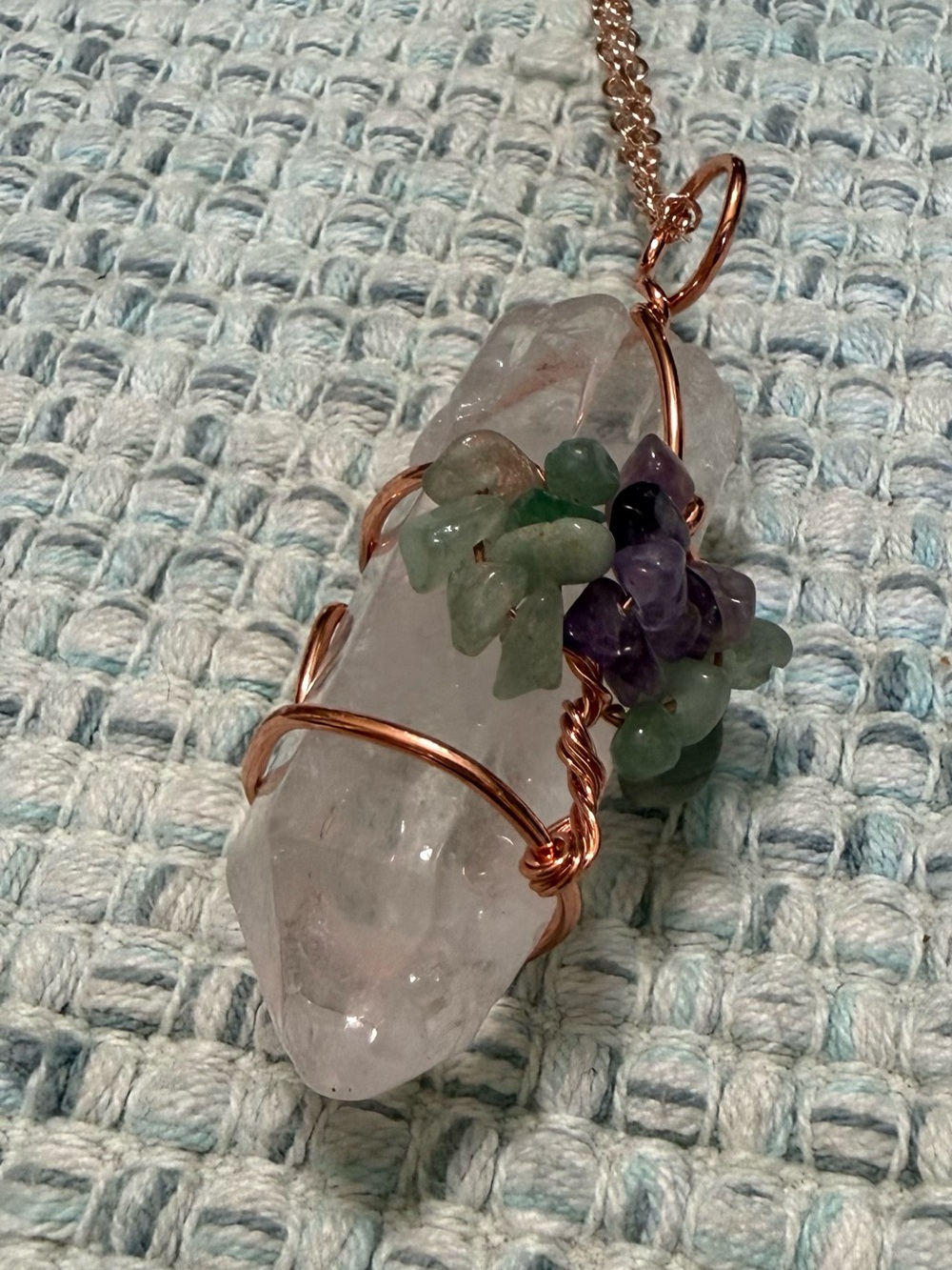 Handcrafted Rose Gold Crystal Point Pendant with Green and Purple Chip Accents